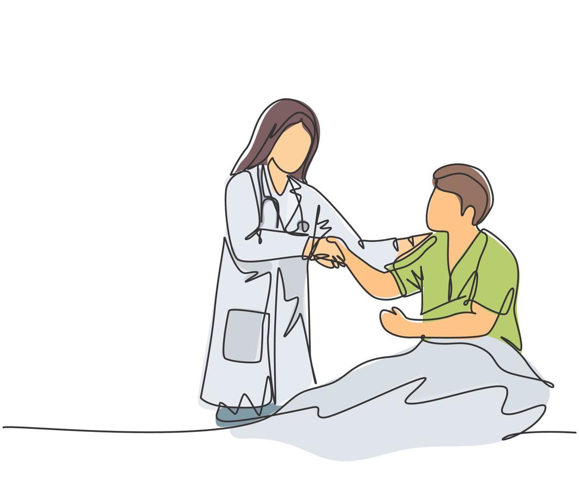 Continuous line drawing of young happy female doctor visit a patient who laying on bed in hospital and handshaking him to ask the condition.  Healthcare concept. One line drawing vector illustration