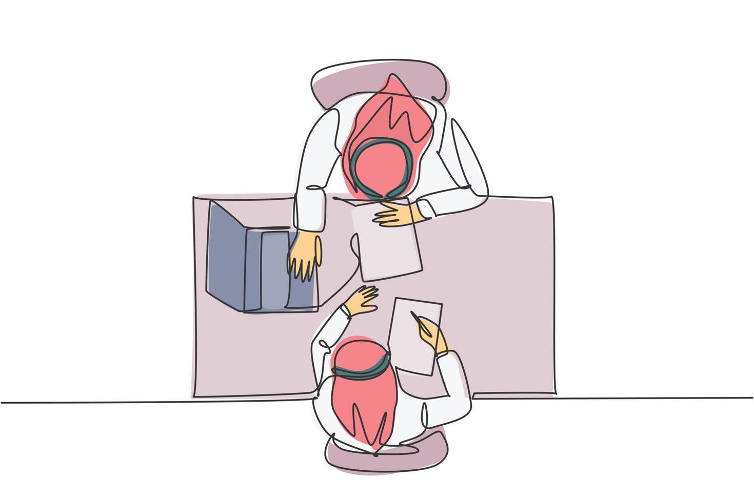 One single line drawing of young happy muslim businessman discussing contract deal with colleague, from top view. Saudi Arabia cloth headscarf, thobe. Continuous line draw design vector illustration