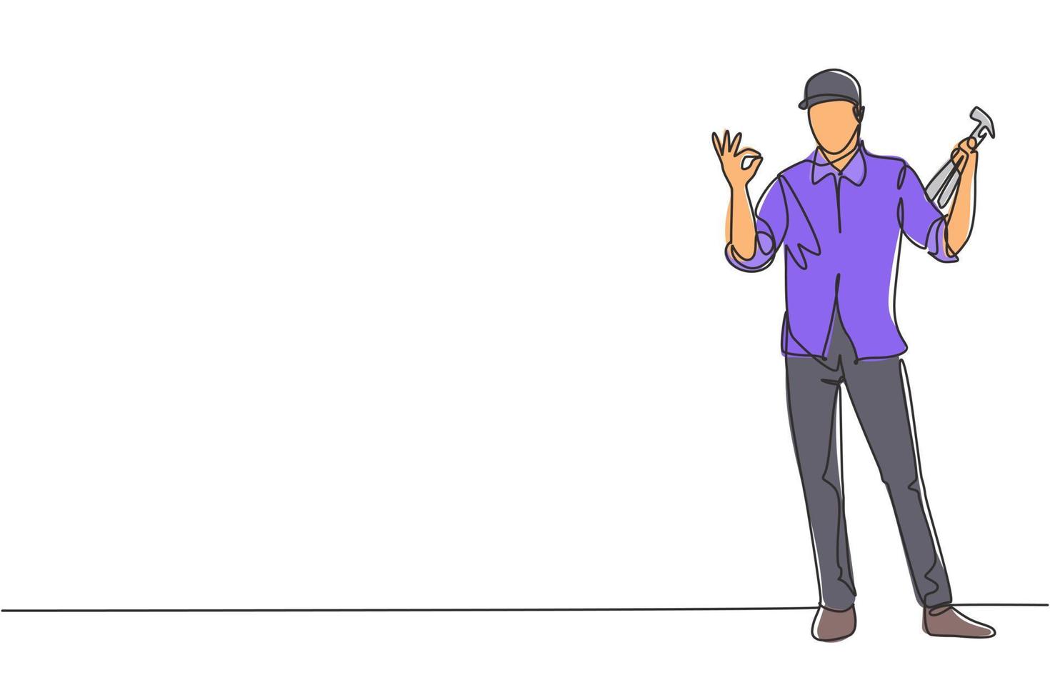 Single one line drawing of carpenter standing with gesture okay works for the wood industry and must be skilled at using carpentry tools. Modern continuous line draw design graphic vector illustration