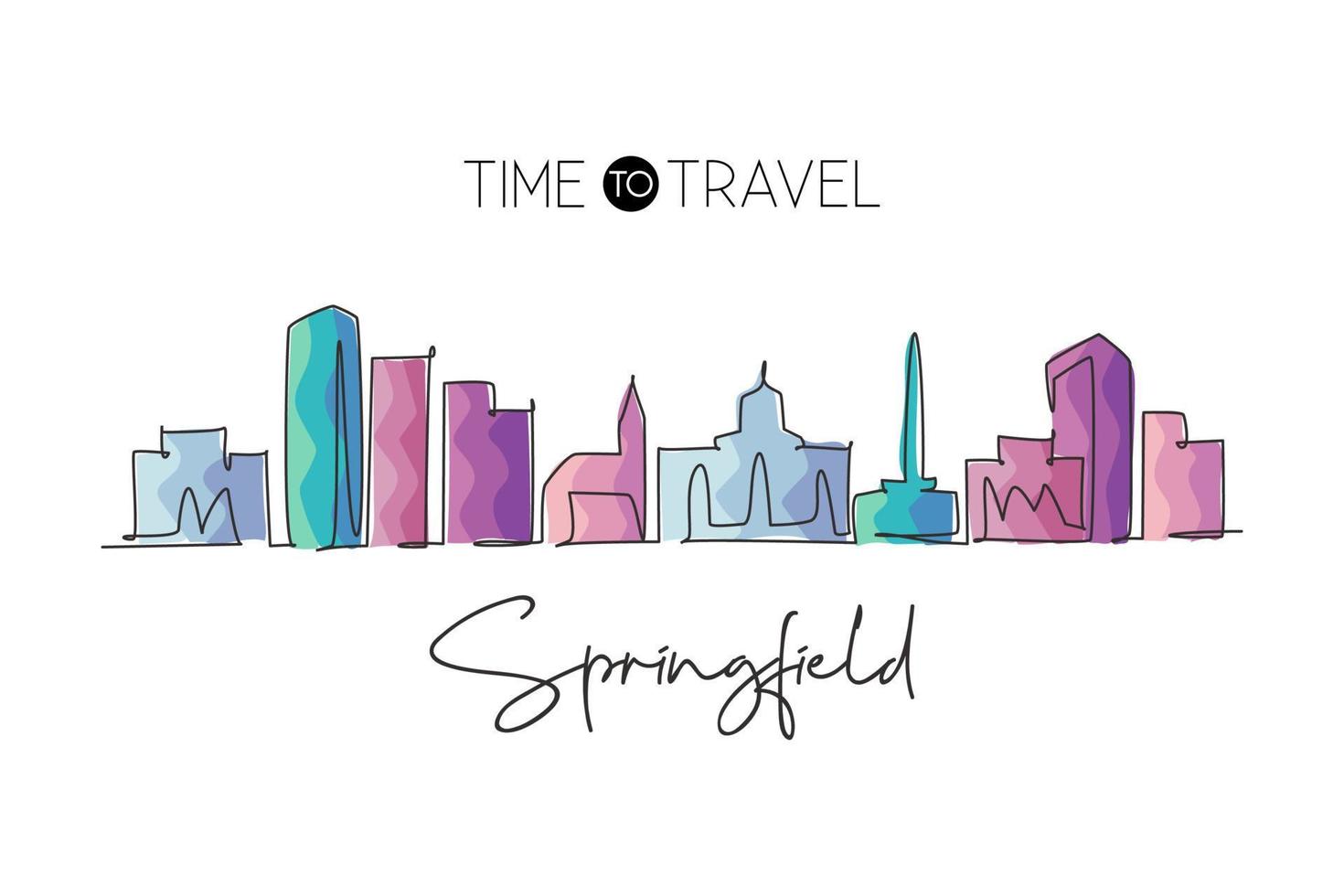 One single line drawing Springfield city skyline, Illinois. World historical town landscape. Best holiday destination postcard. Editable stroke trendy continuous line draw design vector illustration