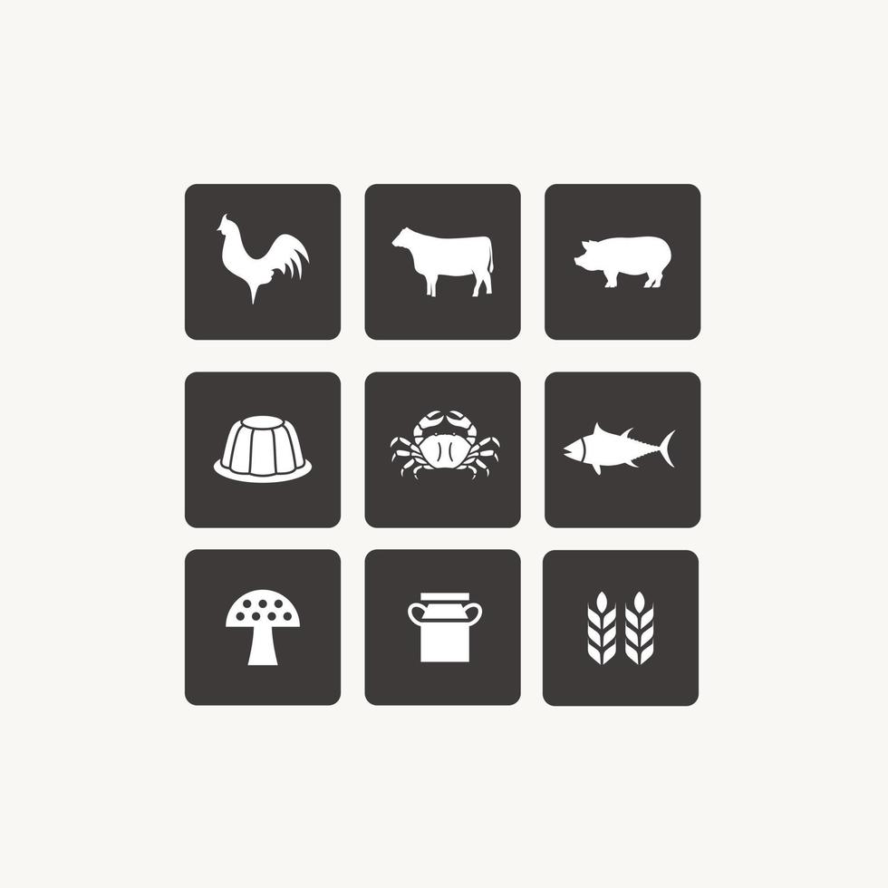 Chicken, cow, pig, pudding, crab, fish, milk, mushroom, wheat, set food icon symbol vector