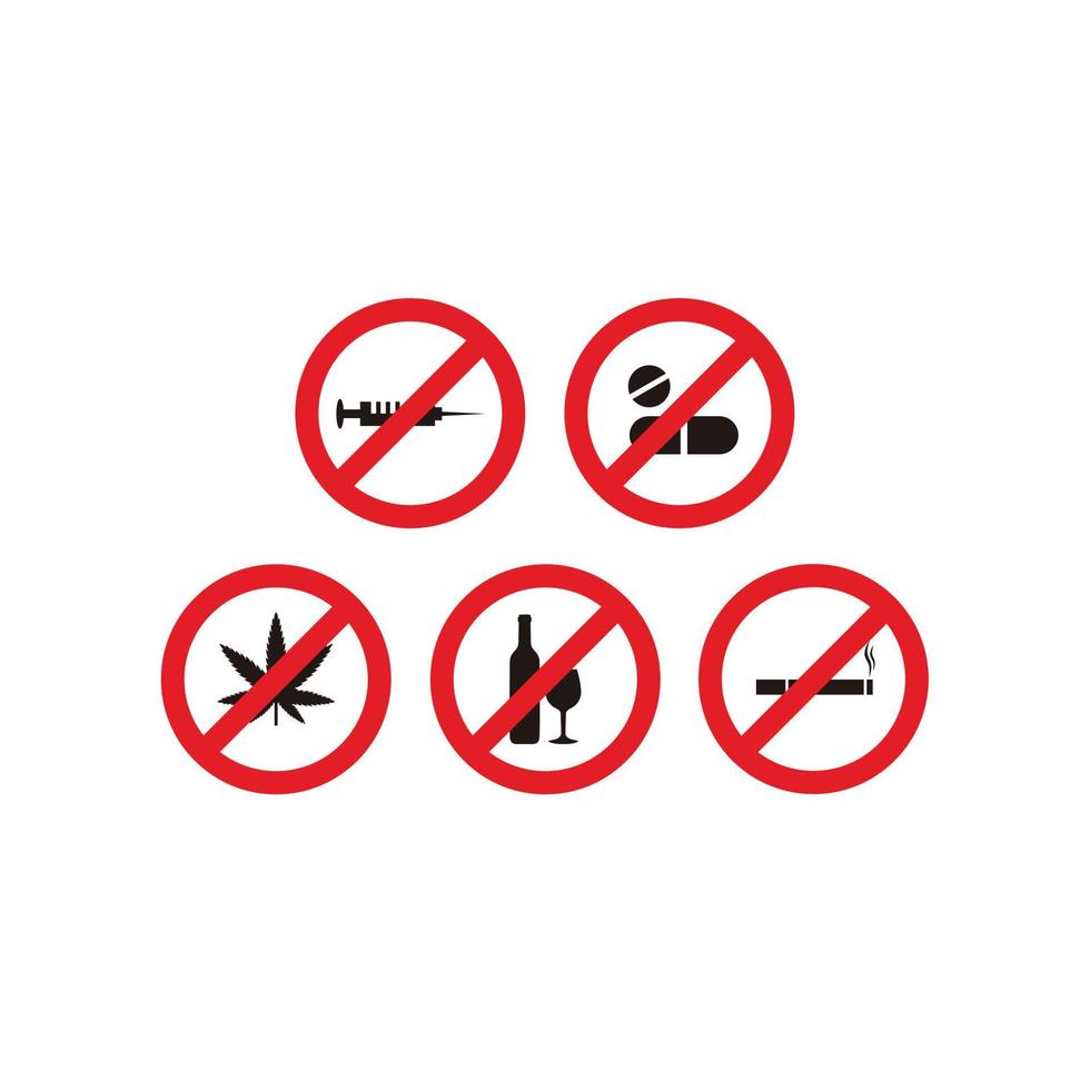 No Smoking, No Drugs and Pill, No Cannabis and No Alcohol Forbidding Vector Signs Icon
