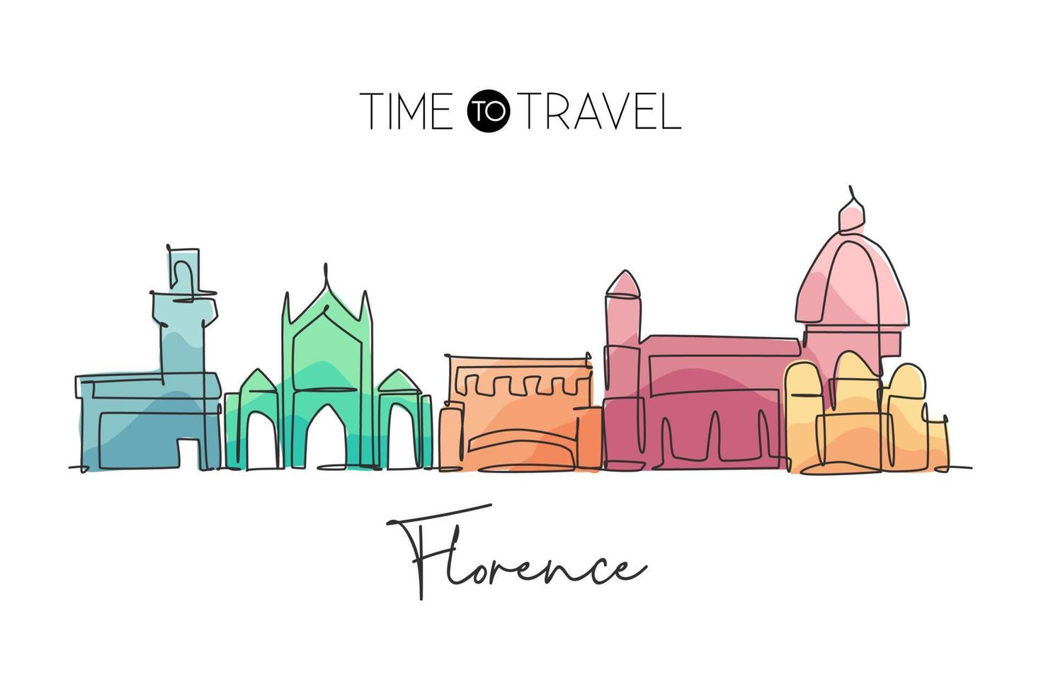 Single continuous line drawing of Florence city skyline, Italy. Famous skyscraper landscape in world. World travel concept wall decor poster print art. Modern one line draw design vector illustration