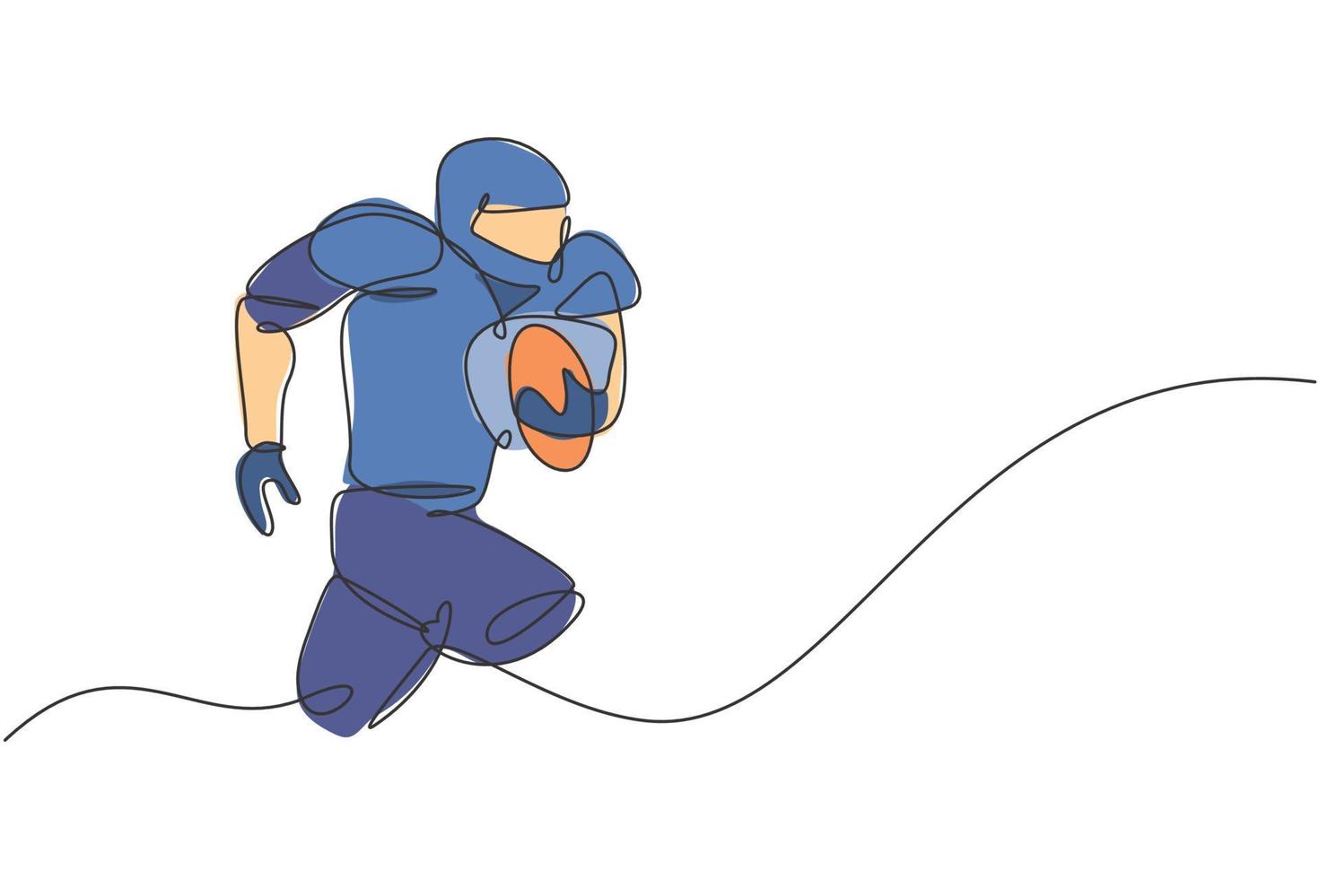 un dibujo de línea continua de un joven musculoso jugador de fútbol americano corriendo y sosteniendo la pelota para el afiche de la competencia. concepto de trabajo en equipo deportivo. Ilustración de vector de diseño de dibujo de línea única dinámica