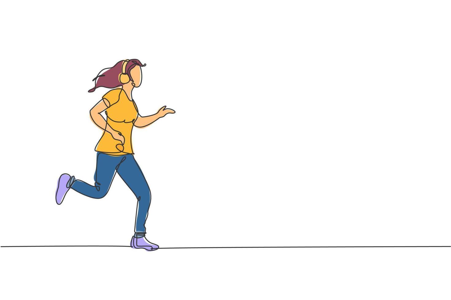 uno soltero línea dibujo joven contento corredor mujer correr relajarse mientras escuchando música con auricular vector ilustración gráfico. sano estilo de vida y divertido deporte concepto. moderno continuo línea dibujar diseño