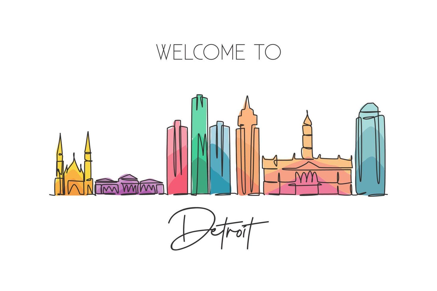 One single line drawing of Detroit city skyline, United States. Historical town landscape. Best holiday destination home wall decor poster print. Trendy continuous line draw design vector illustration
