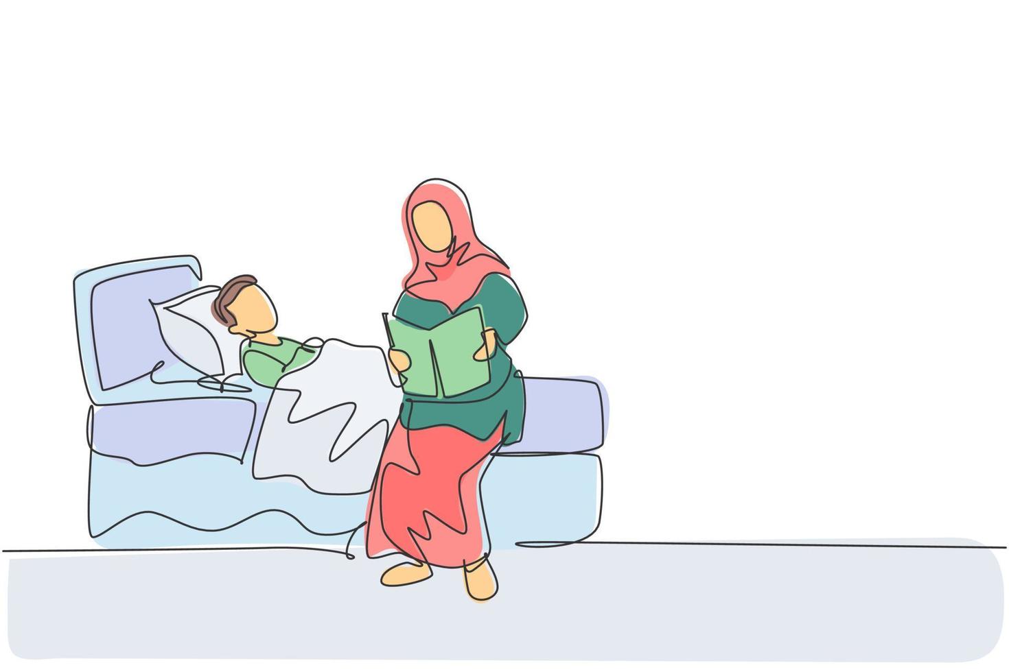 Single continuous line drawing of young Islamic mother read story book to her son before sleeping. Arabian muslim happy family motherhood concept. Trendy one line draw design vector illustration
