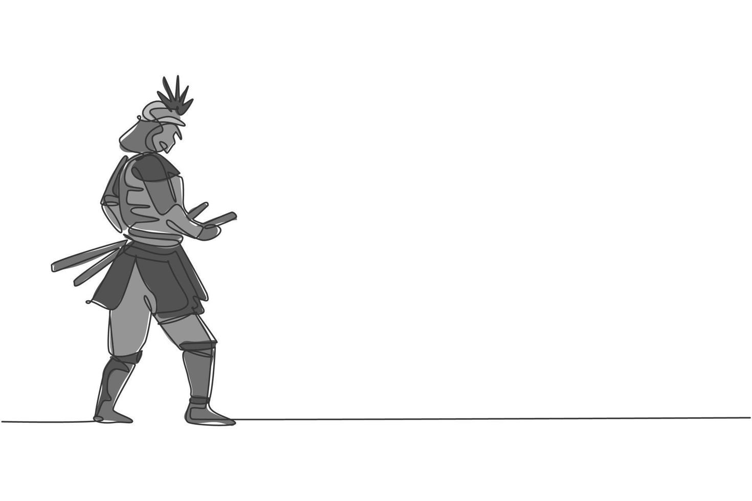 One single line drawing of young Japanese samurai warrior holding katana sword practicing at dojo center vector graphic illustration. Combative martial art concept. Modern continuous line draw design