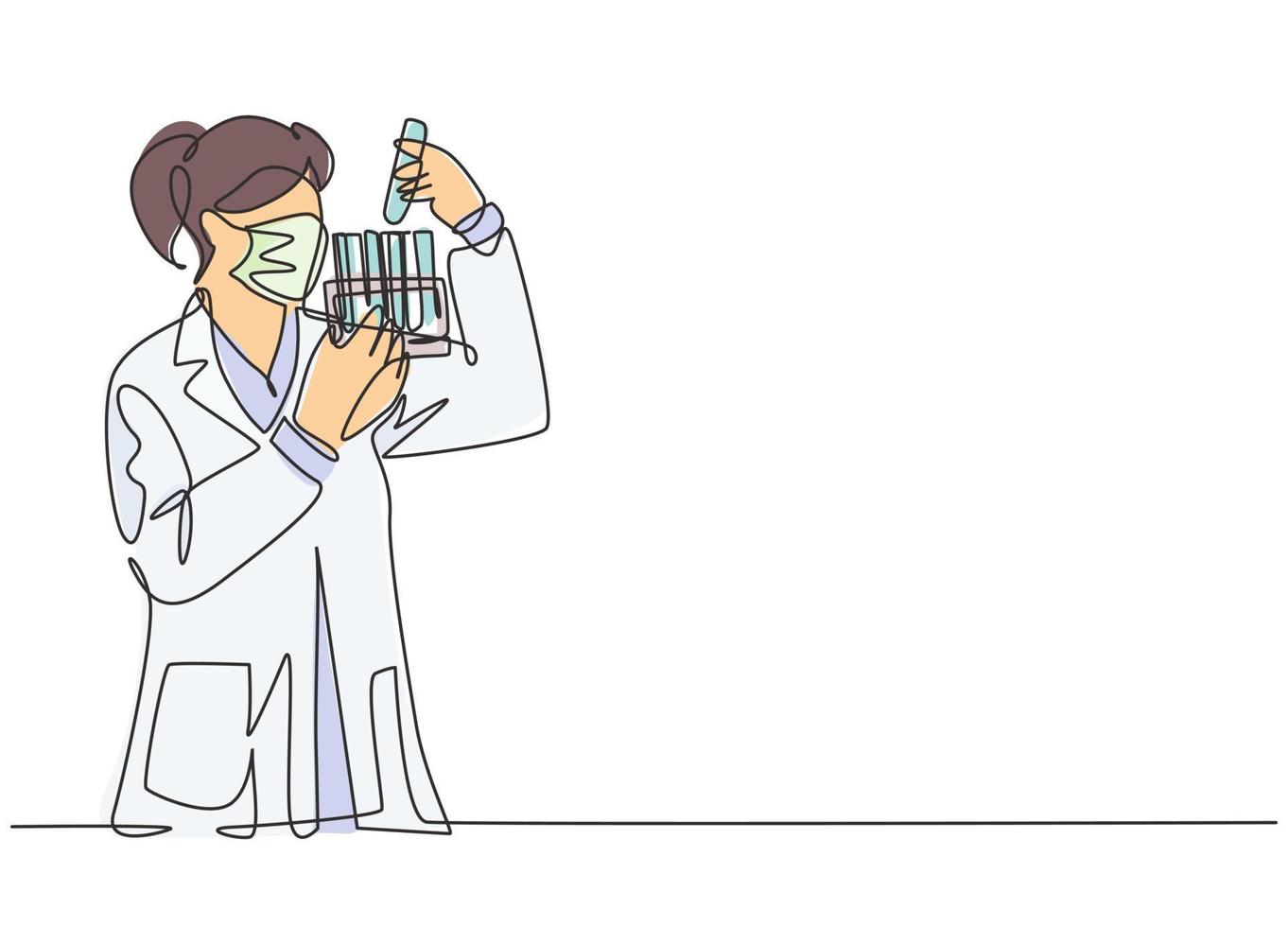 One continuous line drawing of young female laboratorian analyze formula on glass tube to find covid19 vaccine at laboratory. Coronavirus medical research concept single line draw design illustration vector