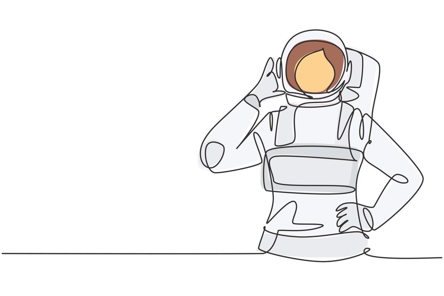 Single one line drawing female astronaut with call me gesture wearing spacesuits to explore outer space in search mysteries of universe. Modern continuous line draw design graphic vector illustration