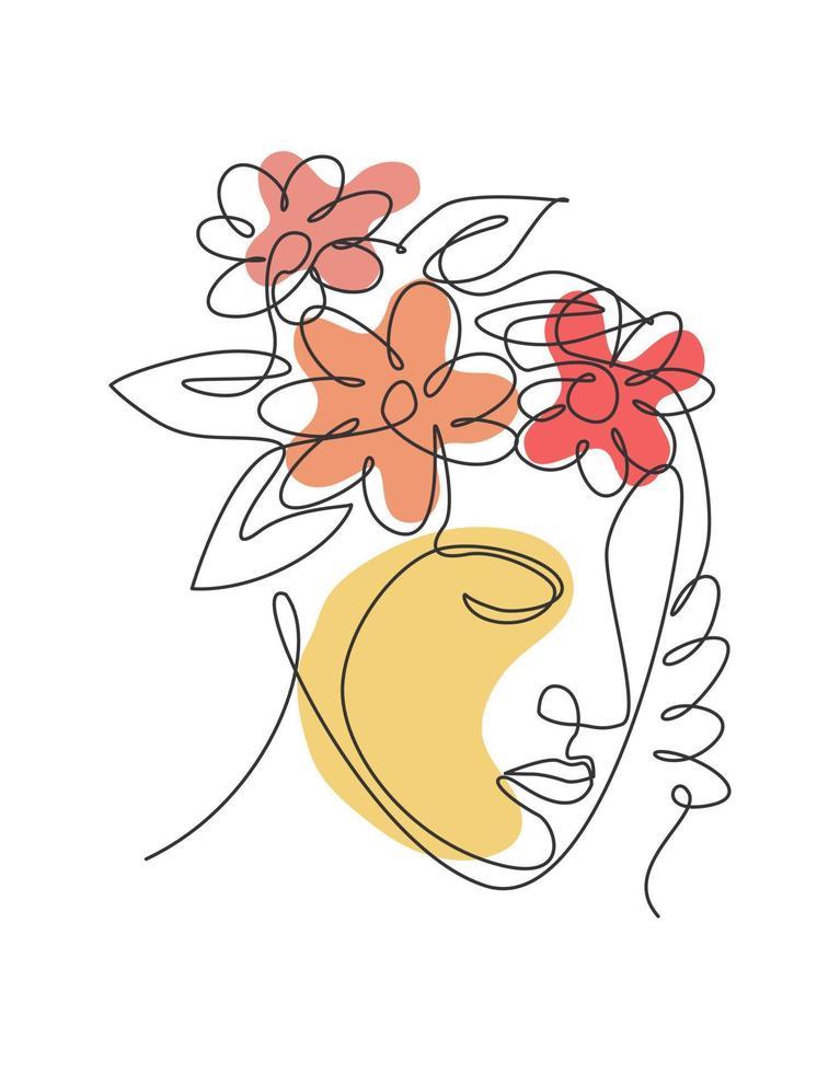 One single line drawing abstract face with natural flowers vector illustration. Beauty woman portrait minimalistic style concept for wall decor art print. Modern continuous line graphic draw design