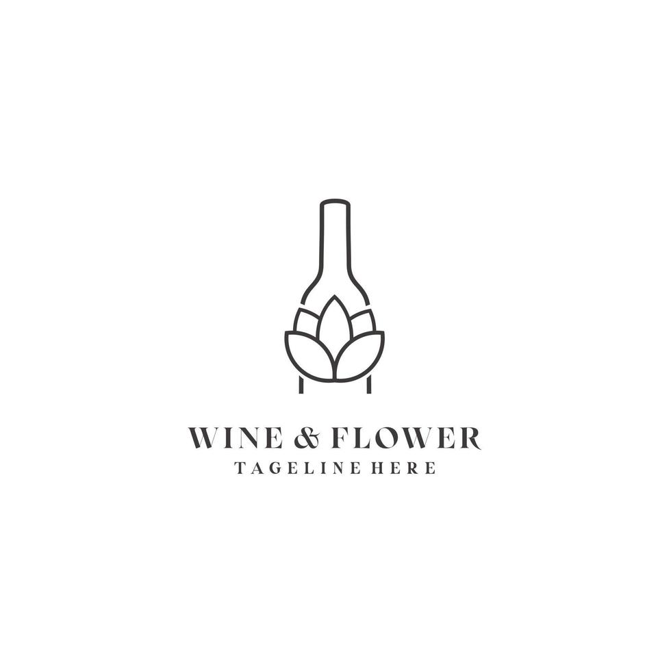 wine bottle grape flower logo design vector template