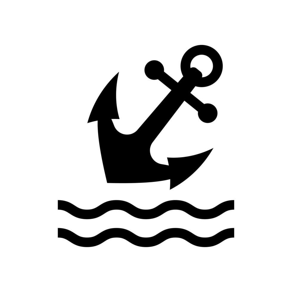 Anchor falling into water icon. Iron black vintage nautical equipment to stop sailboat ship with antique retro vector design