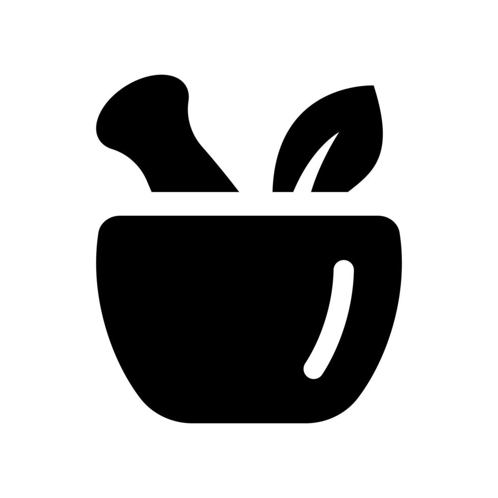 Hand mortar with pestle and leaf icon. Mixing black device for grinding herbs and drugs with natural design and for crushing mineral organics with vector spices