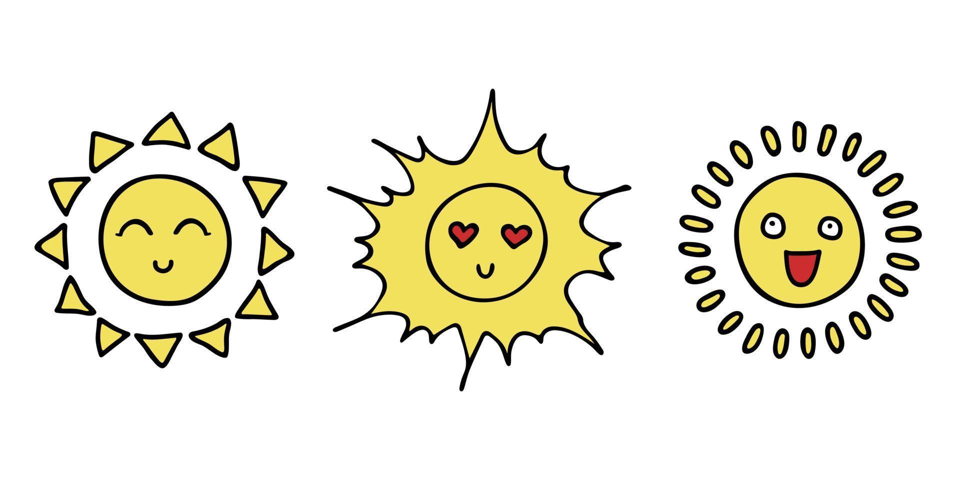 Hand drawn happy sun emoji. Summer doodle set. Vector elements for design