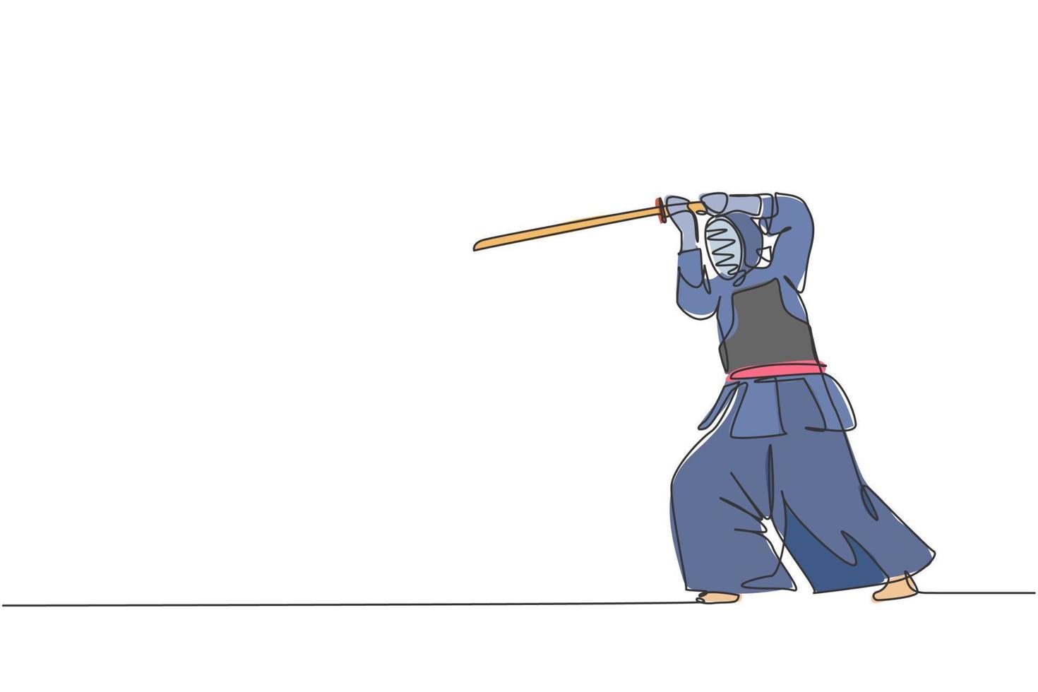 un dibujo de línea continua de un joven deportista entrenando habilidades de lucha de defensa de kendo en el centro de dojo. concepto de deporte de arte marcial saludable. Gráfico dinámico de ilustración vectorial de diseño de dibujo de una sola línea vector