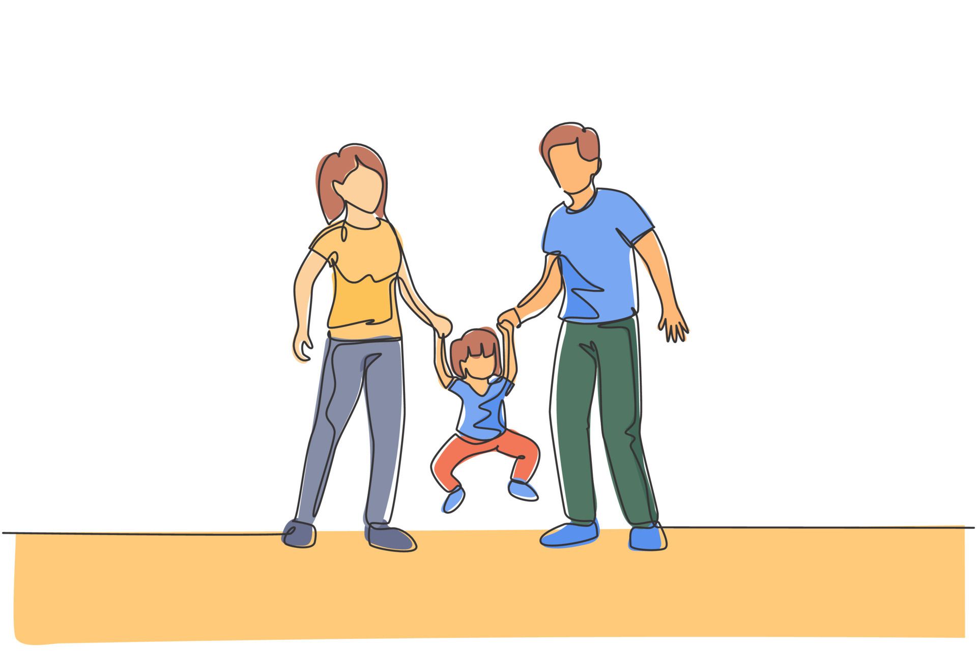 Un Dibujo De Línea Continua De Una Madre Joven Feliz Y Un Padre Jugando Con Su Hija Levantando Un Dibujo De Línea Continua De Una Madre Joven Feliz Y Un Padre Jugando Con Su Hija Levantando