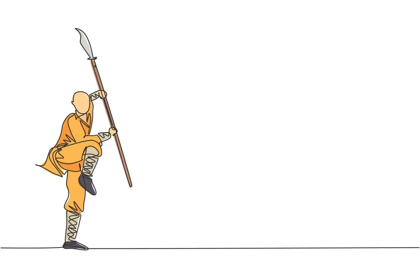 Single continuous line drawing of young muscular shaolin monk man holding spear training at shaolin temple. Traditional Chinese kung fu fight concept. Trendy one line draw design vector illustration