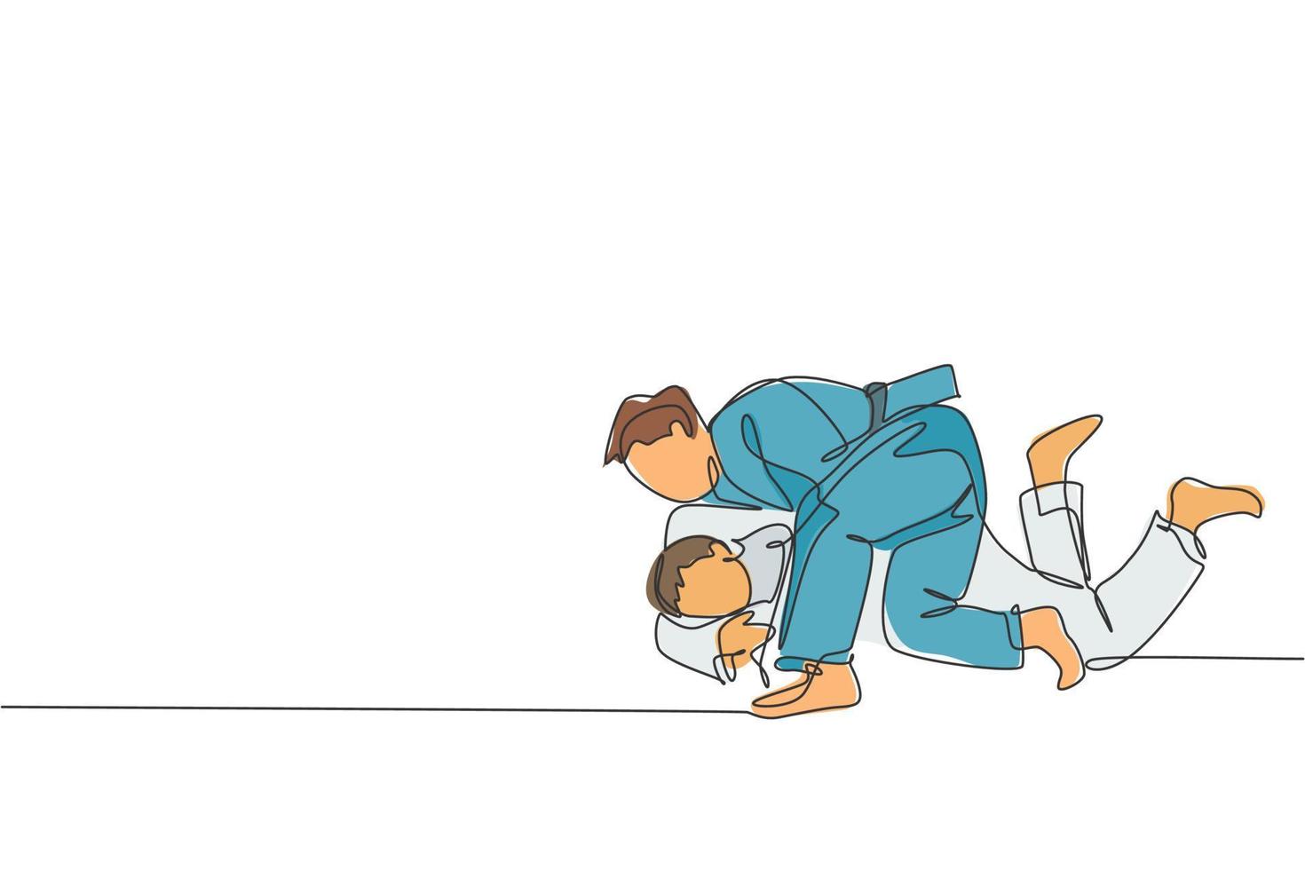 un dibujo de línea continua de dos jóvenes deportistas entrenando técnica de judo en el pabellón deportivo. concepto de competencia deportiva de lucha de batalla de jiu jitsu. Ilustración de vector de diseño gráfico de dibujo de línea única dinámica