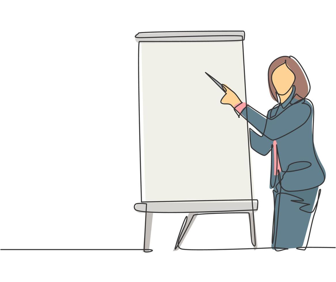 One single line drawing of young female presenter teaching how to do effective presentation. Productive presentation at the office concept continuous line draw design vector graphic illustration