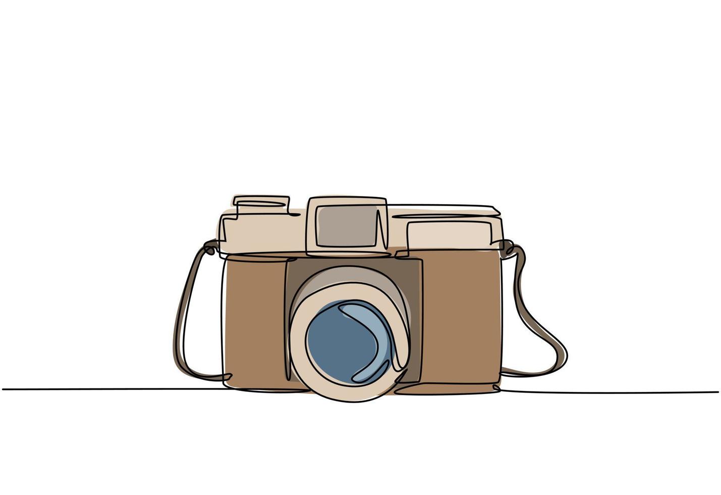 One single line drawing of old retro analog film pocket camera. Vintage classic photography equipment concept continuous line draw design vector illustration graphic