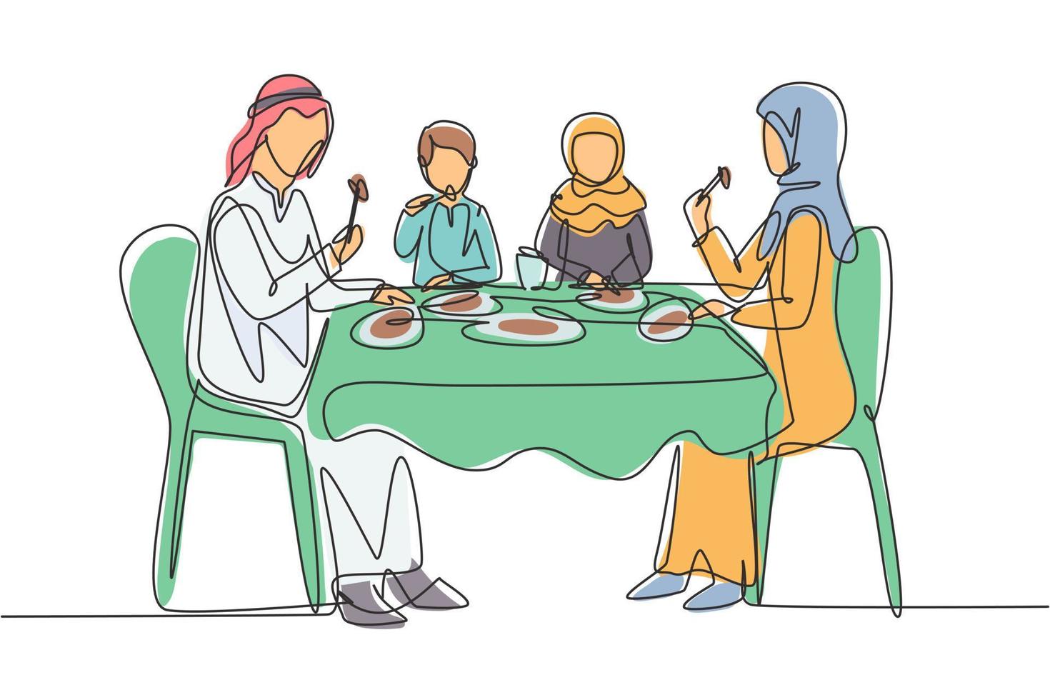 dibujo continuo de una línea familia árabe comiendo alrededor de la mesa de la cocina. feliz papá, mamá y dos niños sentados comiendo un almuerzo saludable en casa. Ilustración gráfica de vector de diseño de dibujo de una sola línea