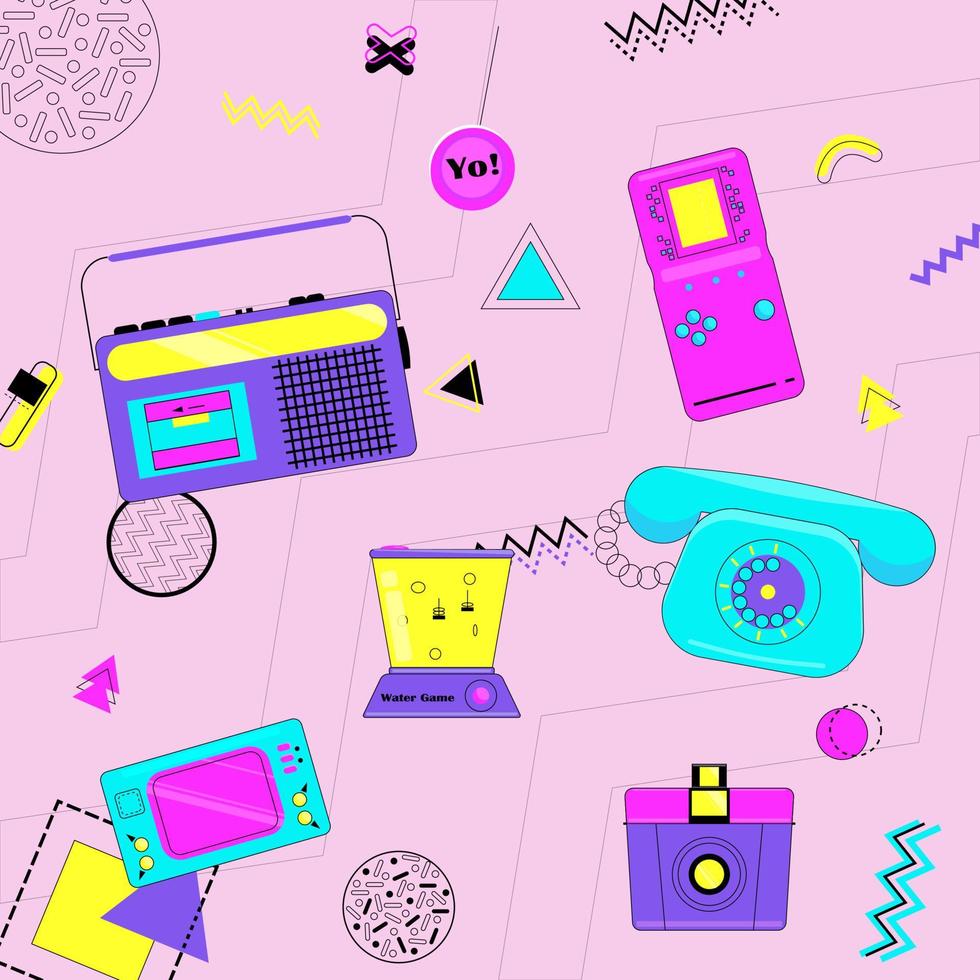 Collection of bright stickers in the style of the 90s. A set of items from the era of the 90s and 80s. Radio, tetris, game, tetelphone with a tube, camera. Decorative elements.Vector illustration. vector