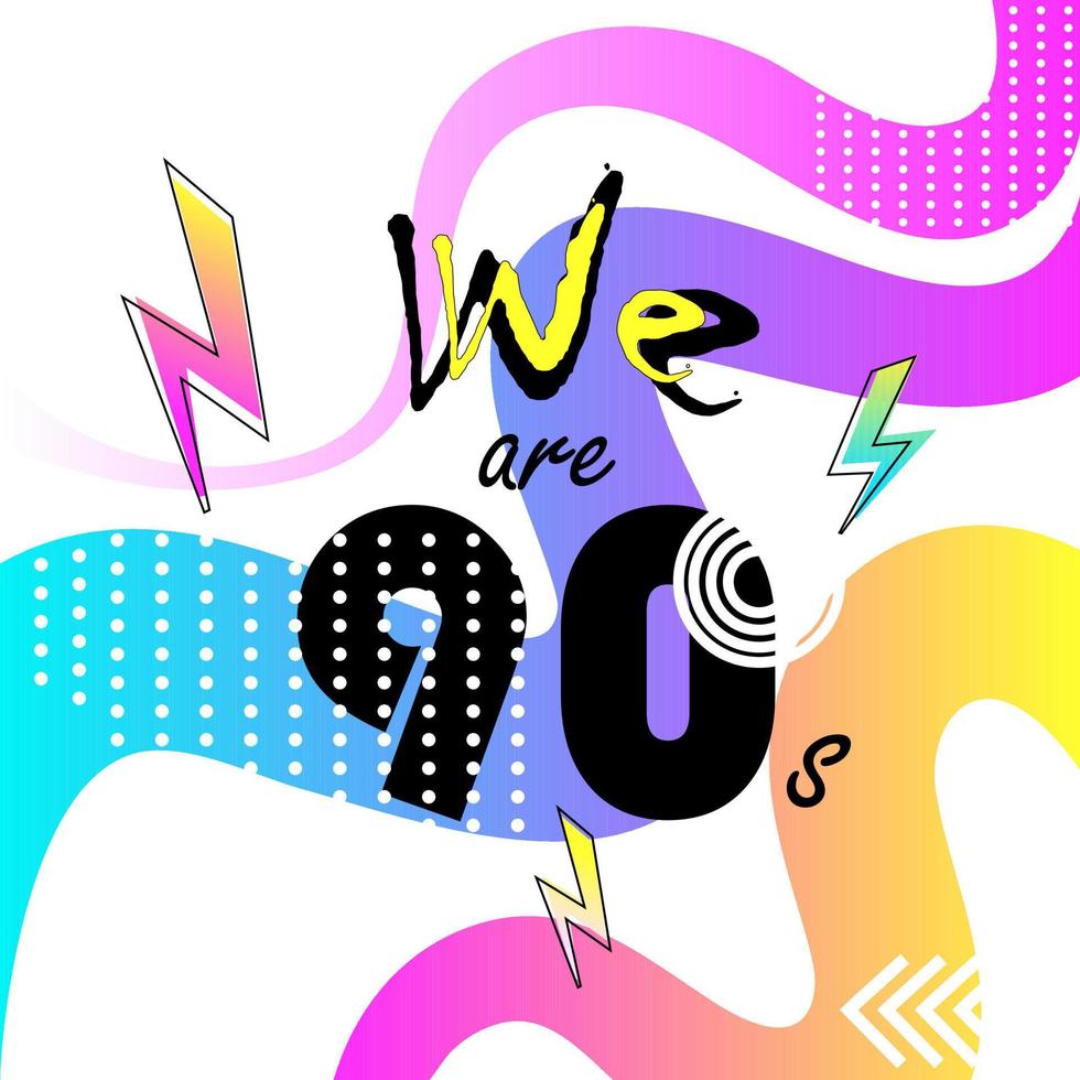We are in the 90s, 90s. Bright cover. or party invitation card in retro style, fashion background. Vector illustration.