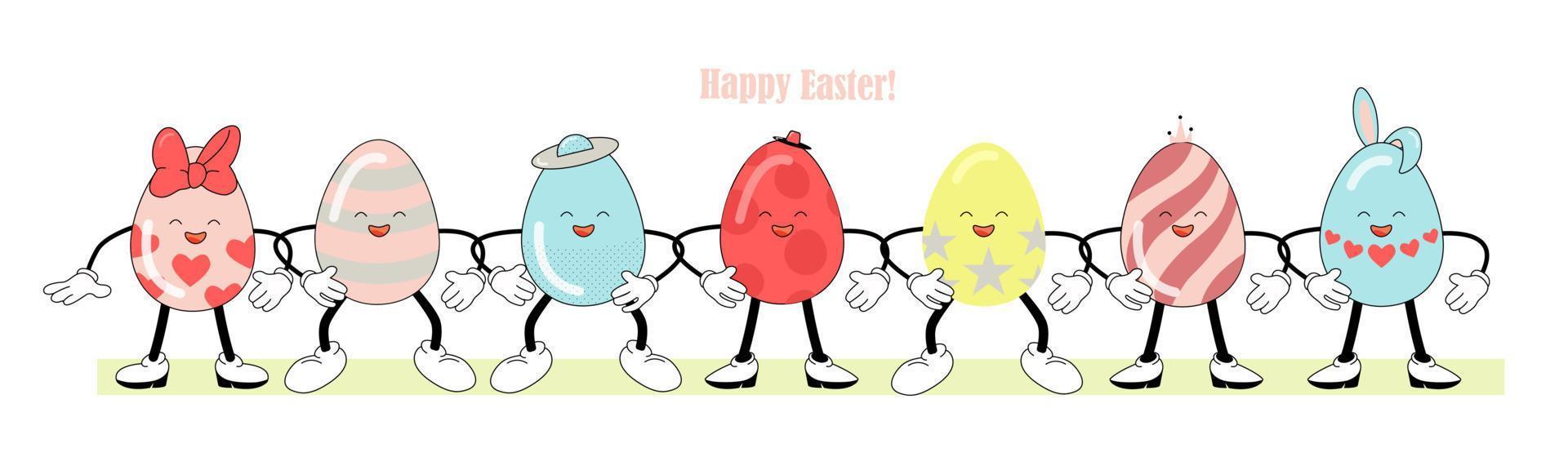 Painted Easter eggs - funny characters, retro atmosphere. Happy Easter lettering. Bright vector illustration