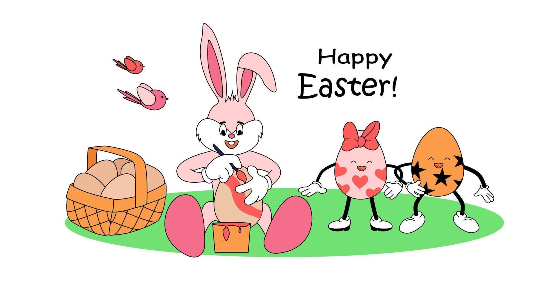 Bunny coloring an Easter egg. Painted Easter eggs are funny characters, retro atmosphere. Happy Easter lettering. Bright vector illustration