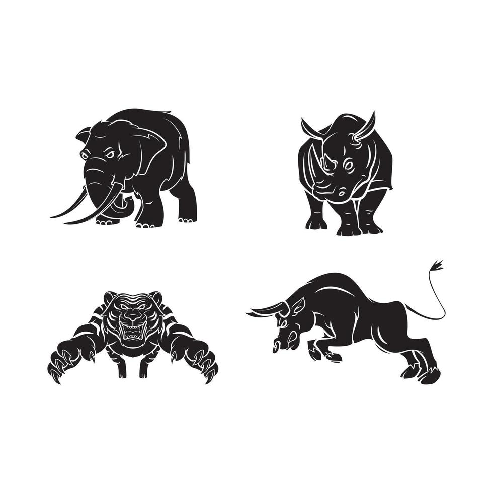 elephant, rhino, tiger set collection tattoo illustration vector