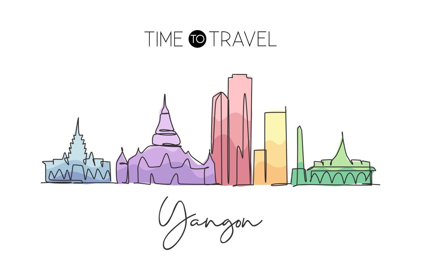 Single continuous line drawing of Yangon city skyline, Myanmar. Famous city scraper landscape. World travel concept home art decor wall print poster. Modern one line draw design vector illustration