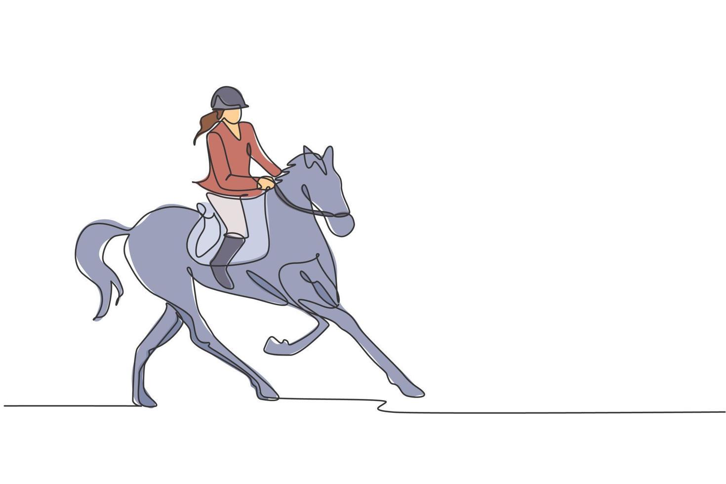 One continuous line drawing of young horse rider woman in action. Equine run training at racing track. Equestrian sport competition concept. Dynamic single line draw design vector illustration graphic