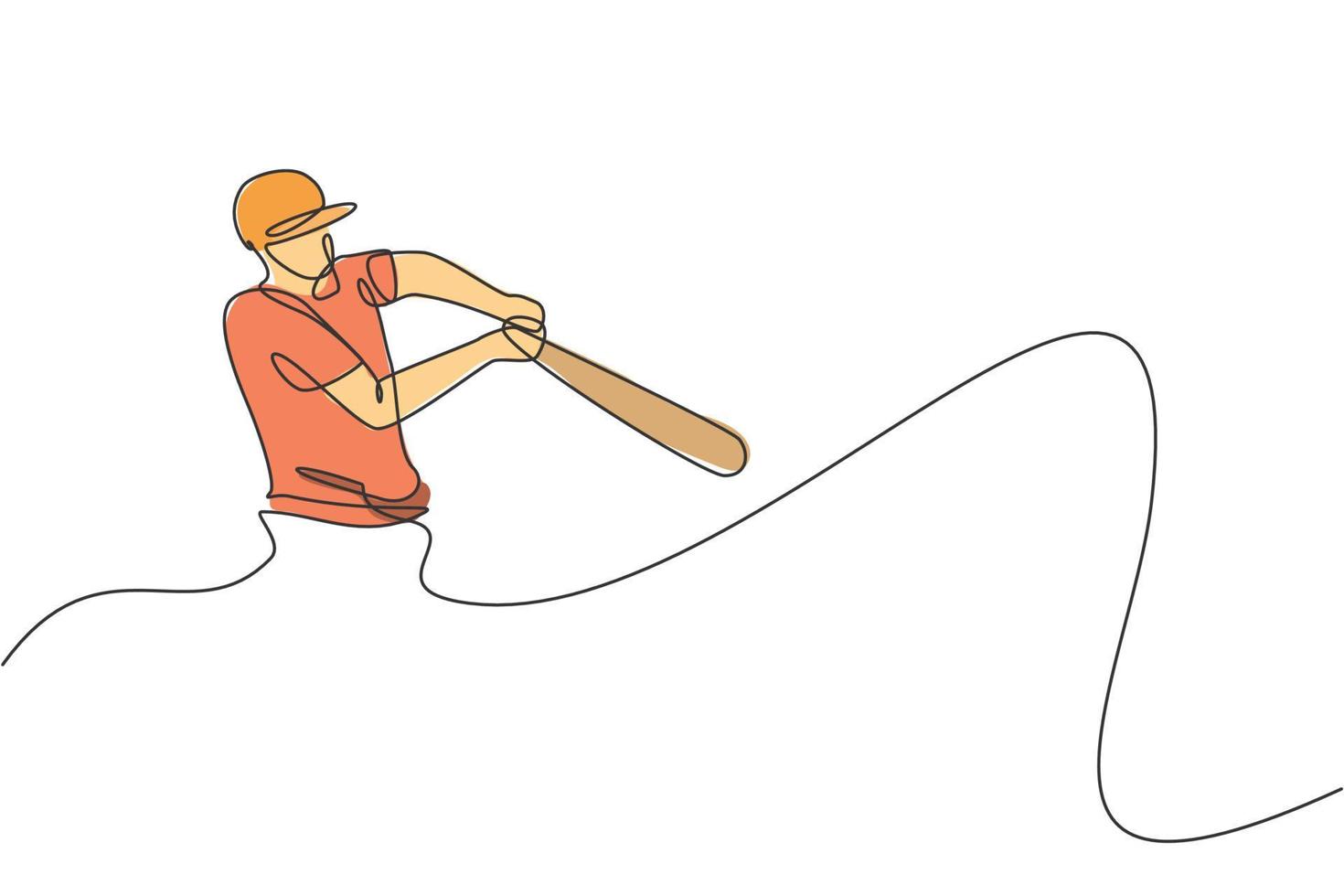 Single continuous line drawing of young agile man baseball player focus training to hit the ball. Sport exercise concept. Trendy one line draw design vector illustration for baseball promotion media