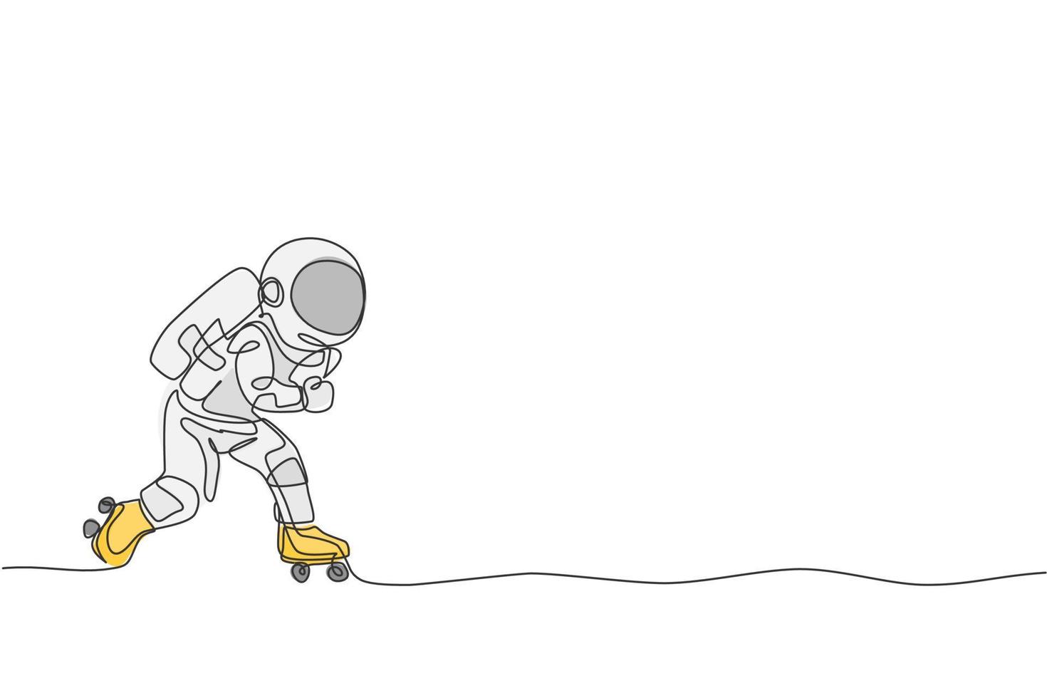 One continuous line drawing of astronaut using roller skates on moon surface, deep space galaxy. Spaceman healthy fitness sport concept. Dynamic single line draw design vector graphic illustration