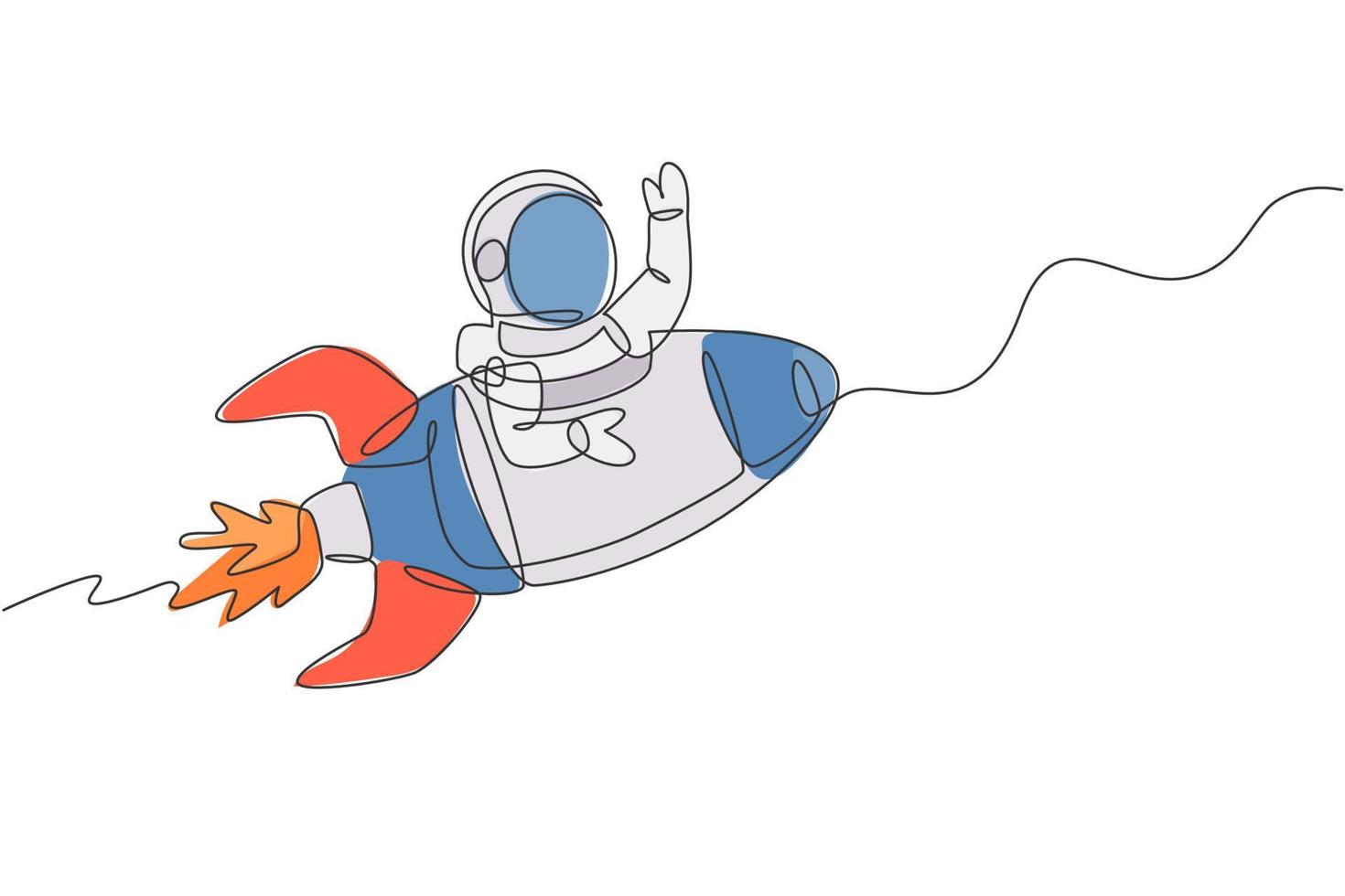 dibujo de una sola línea continua de un astronauta en traje espacial agitando la mano en el espacio exterior con una nave espacial cohete. concepto de astronomía de la vía láctea de la ciencia. Ilustración de vector de diseño gráfico de dibujo de una línea de moda