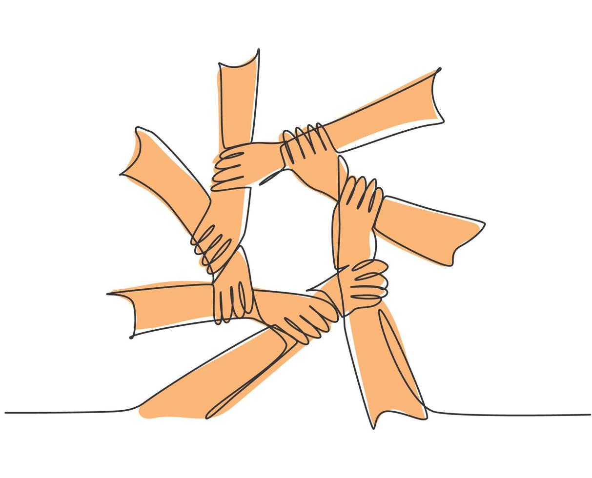One line drawing of hand gesture making circle ring network. Continuous line drawing of teamwork design style. Business concept vector illustration