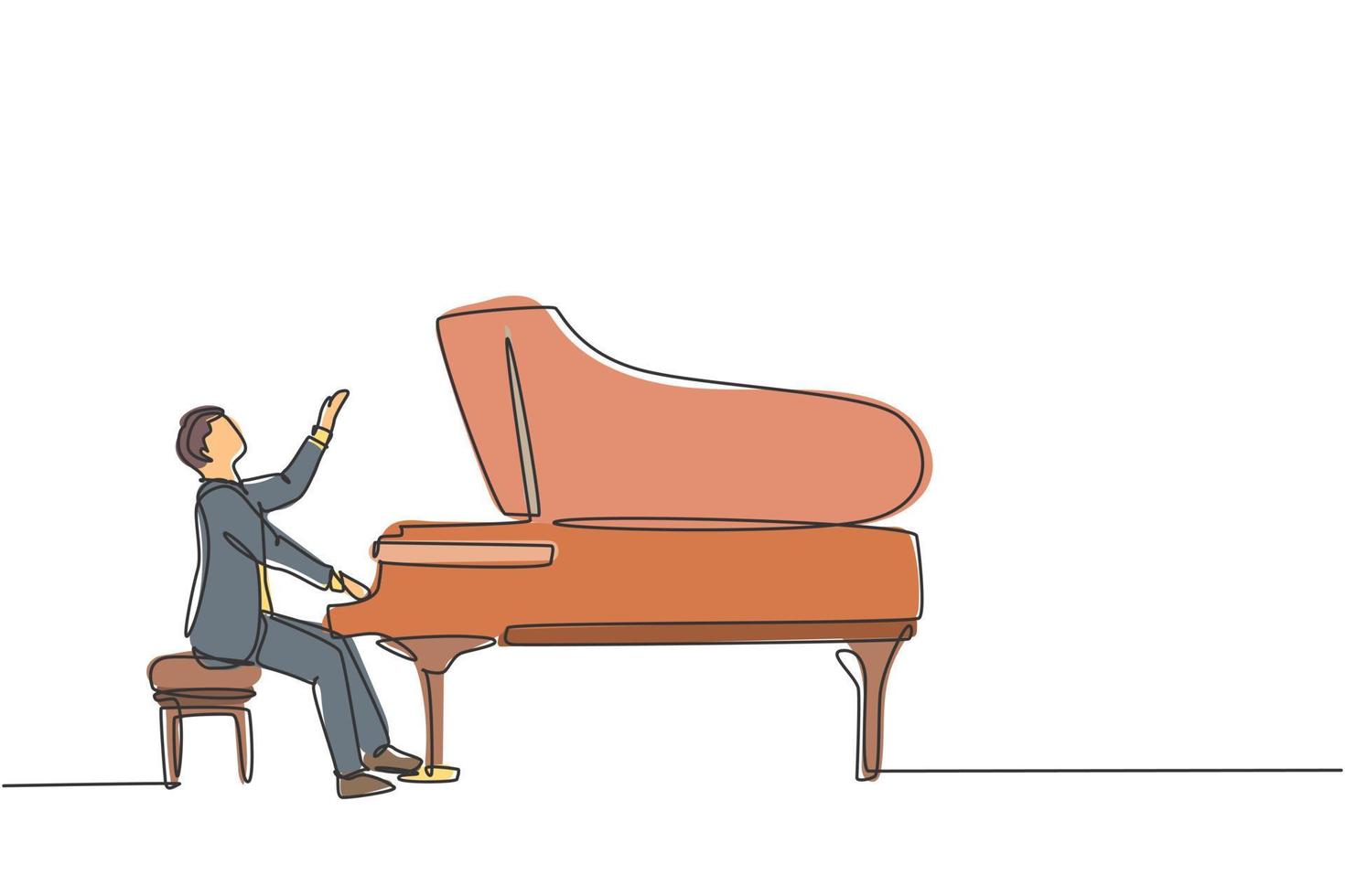 Un dibujo de línea continua de un joven pianista masculino feliz tocando el piano de cola clásico en el festival de teatro de conciertos de música. Ilustración de vector de diseño de dibujo de línea única de concepto de rendimiento de artista músico