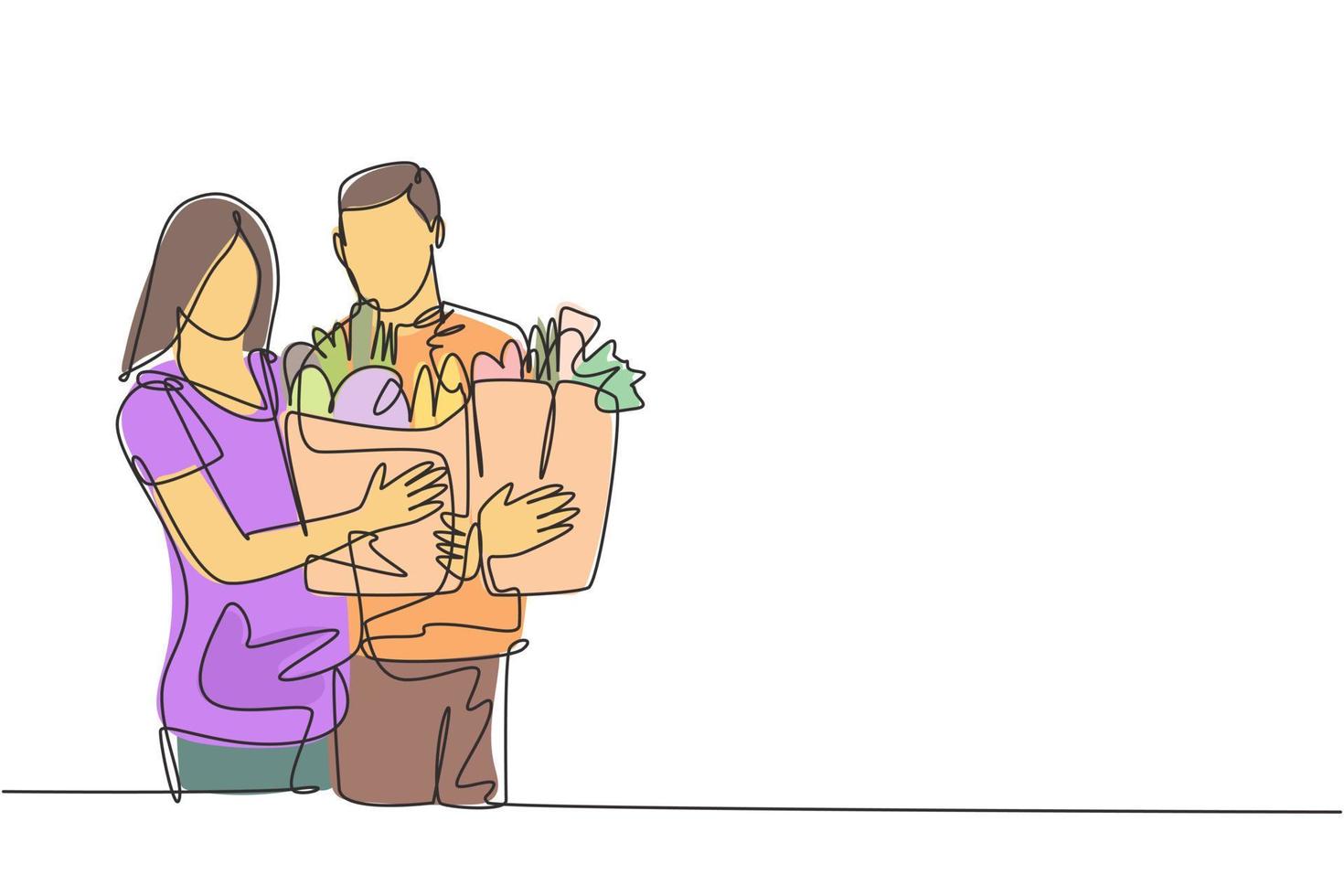 One single line drawing young happy romantic couple holding paper grocery bags after buying daily goods at grocery store. Commercial retail shopping concept. Continuous line draw design illustration vector