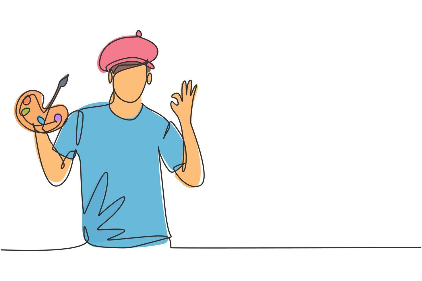 Single continuous line drawing artist painter with gesture okay using painting tools such as brushes, canvas, and watercolors in producing art. Dynamic one line draw graphic design vector illustration