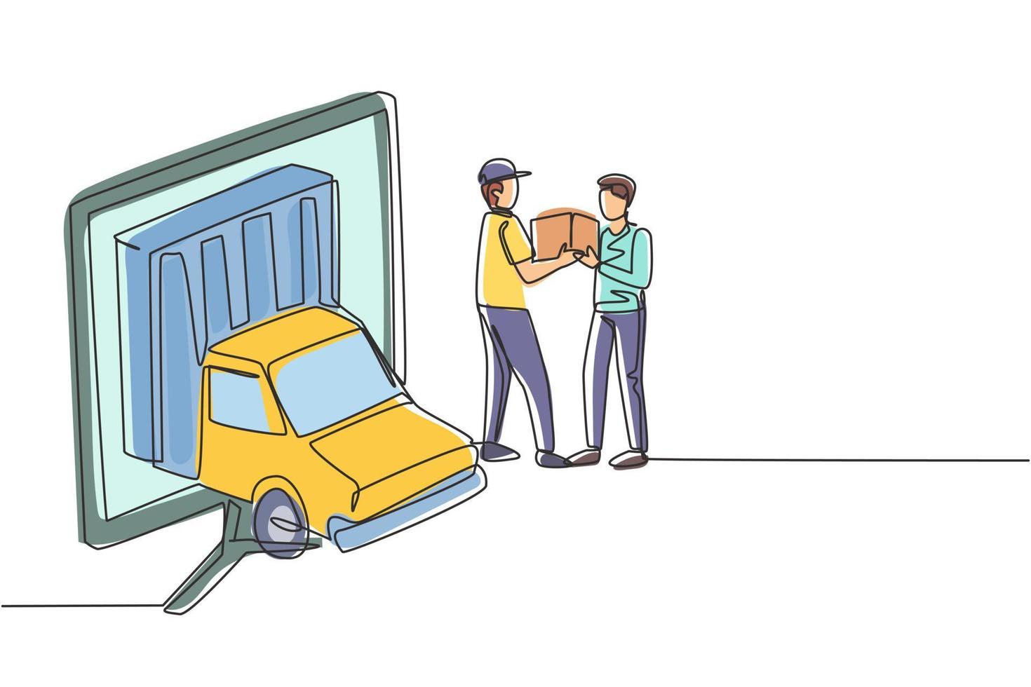 Single one line drawing delivery box car comes out partly from giant monitor screen and male courier gives package box to male customer. Modern continuous line draw design graphic vector illustration