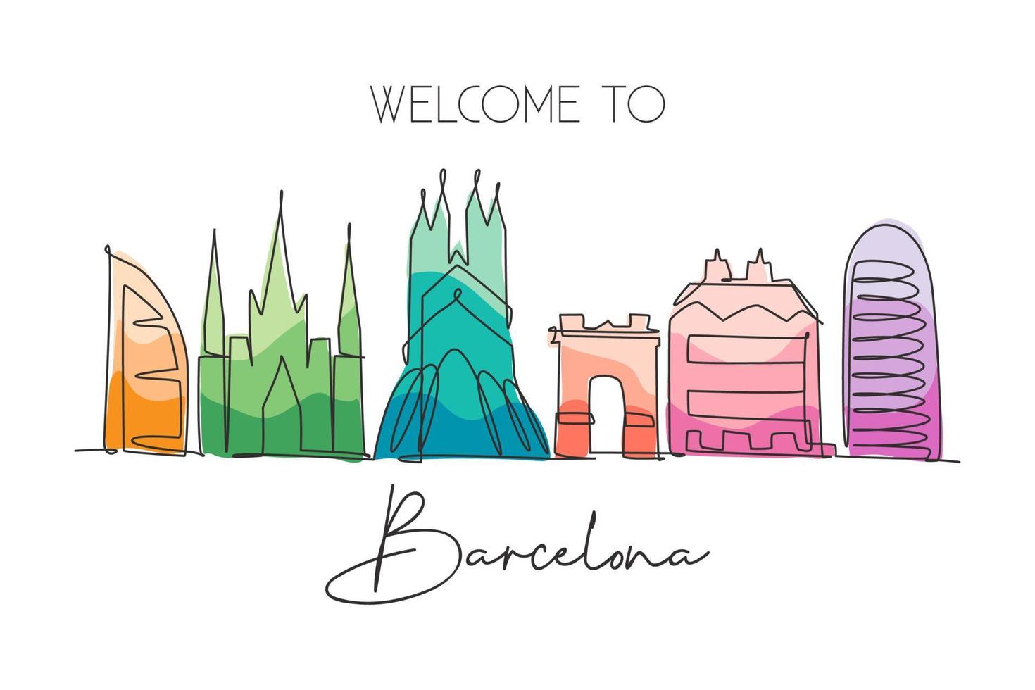 One single line drawing of Barcelona city skyline, Spain. Historical skyscraper landscape in world postcard. Best holiday destination wall decor poster. Continuous line draw design vector illustration