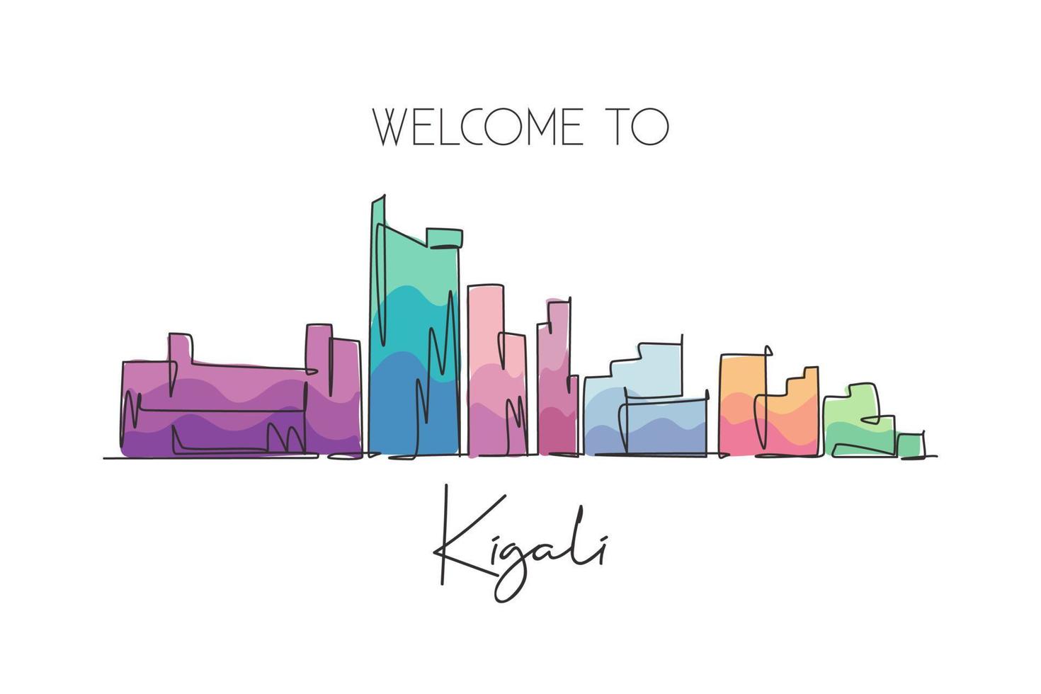 One single line drawing Kigali city skyline, Rwanda. Historical place landscape in world postcard art. Best holiday destination. Editable stroke trendy continuous line draw design vector illustration