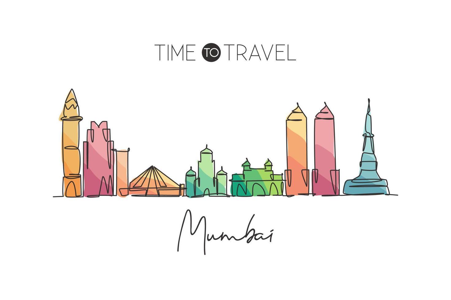 One single line drawing of Mumbai city skyline, India. Historical town landscape in the world. Best holiday destination. Editable stroke trendy continuous line draw design vector graphic illustration