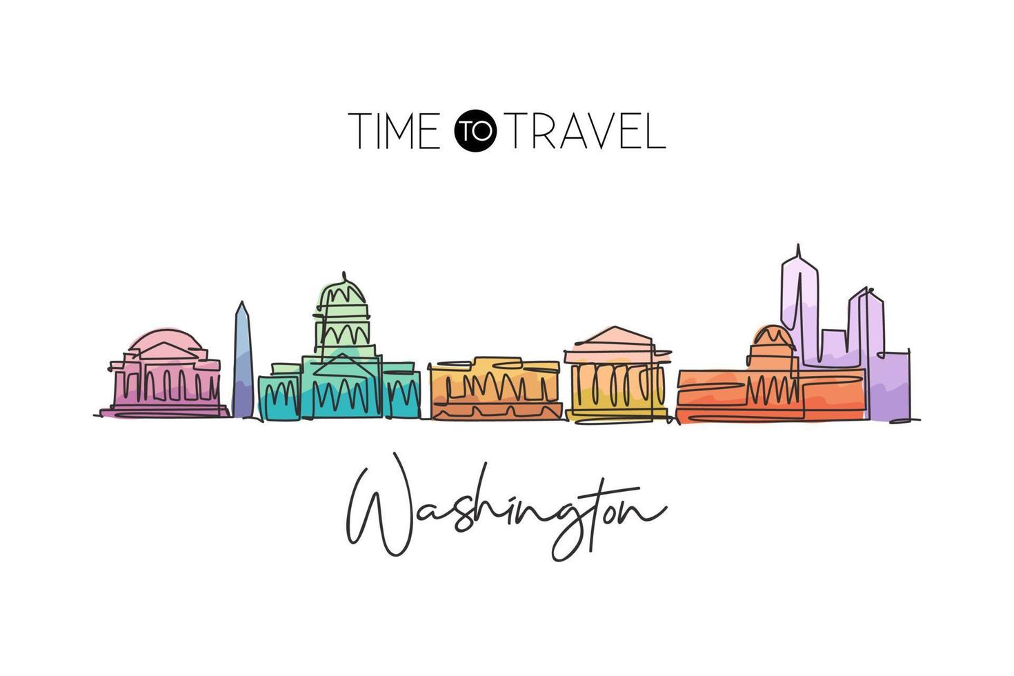 One single line drawing of Washington city skyline, United States of America. Historic landscape in the world. Best holiday destination. Editable stroke continuous line draw design vector illustration