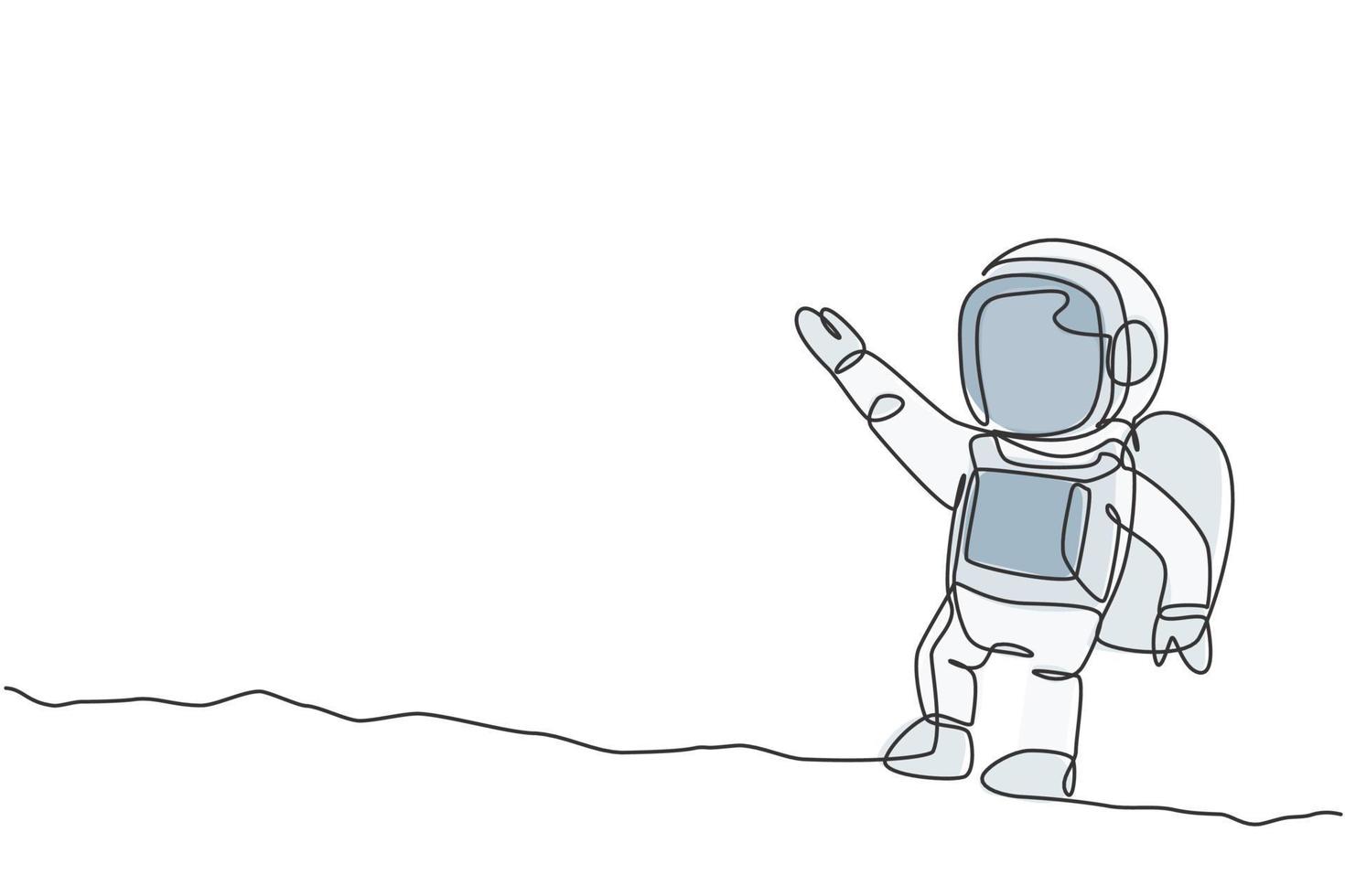 un dibujo de línea continua de un joven científico astronauta que explora el espacio exterior en estilo retro. concepto de descubrimiento del cosmos del astronauta. Ilustración de vector de diseño de dibujo gráfico de línea única dinámica