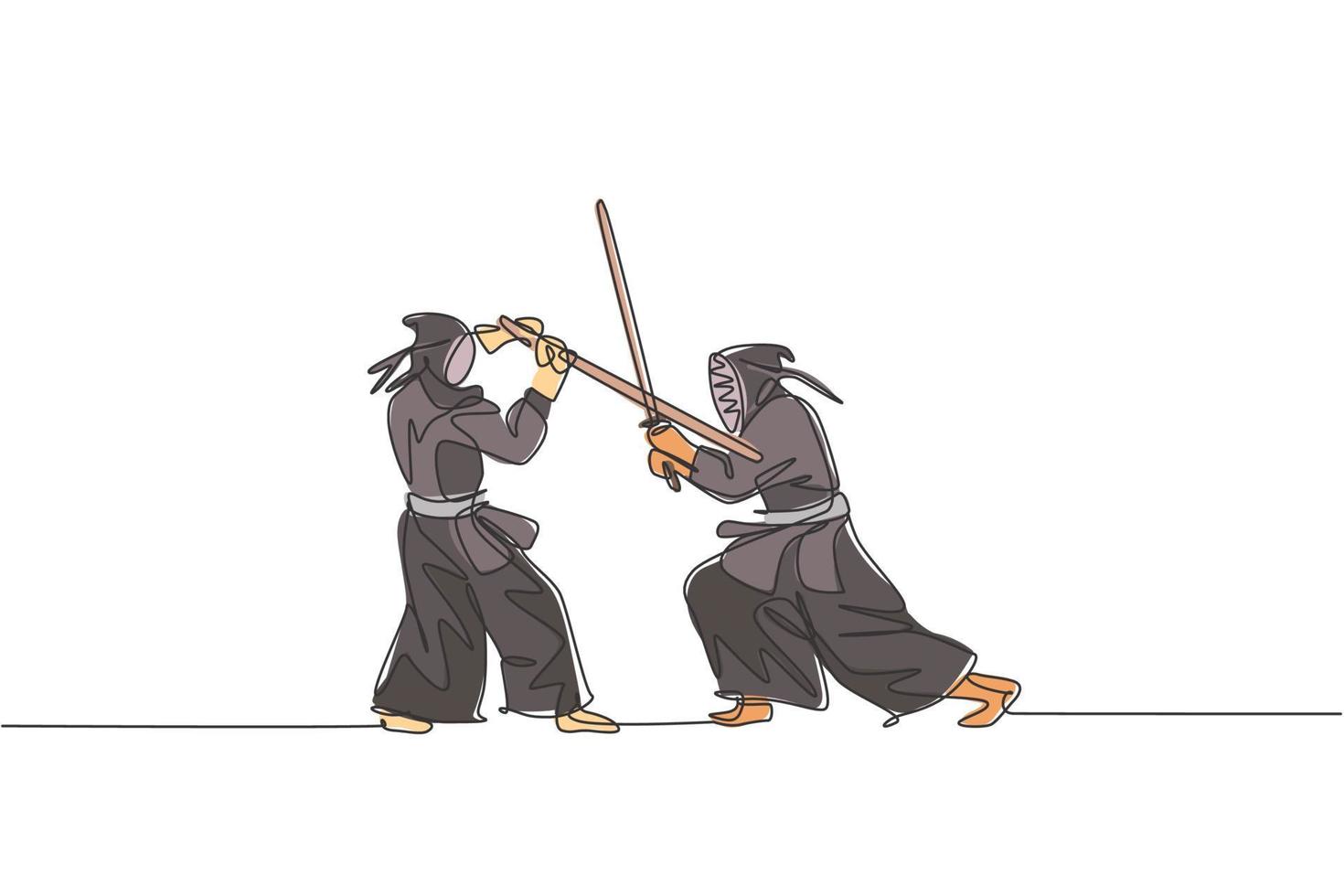 One continuous line drawing of two young sporty men fighting skill on kendo national competition in dojo center. Healthy martial art sport concept. Dynamic single line draw design vector illustration