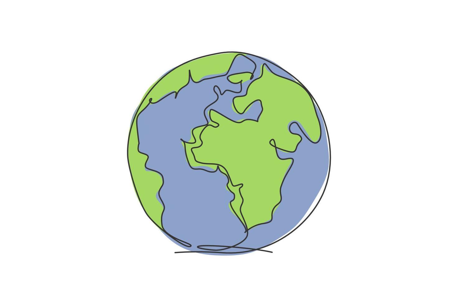 globo terráqueo del mundo. Icono gráfico de geografía de mapa global redondo de línea continua única. Doodle de dibujo de una línea simple para el concepto de educación. diseño minimalista de la ilustración del vector aislado en el fondo blanco