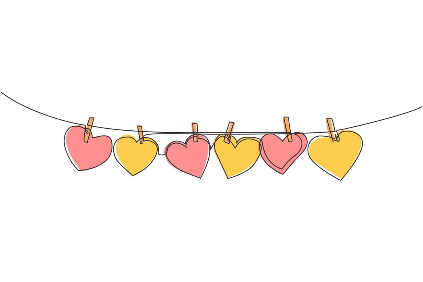 un dibujo de línea continua de papel lindo con forma de corazón colgado de la cuerda con tendedero. concepto de tarjeta de felicitación de matrimonio romántico. Ilustración de vector gráfico de diseño de dibujo de línea única de moda