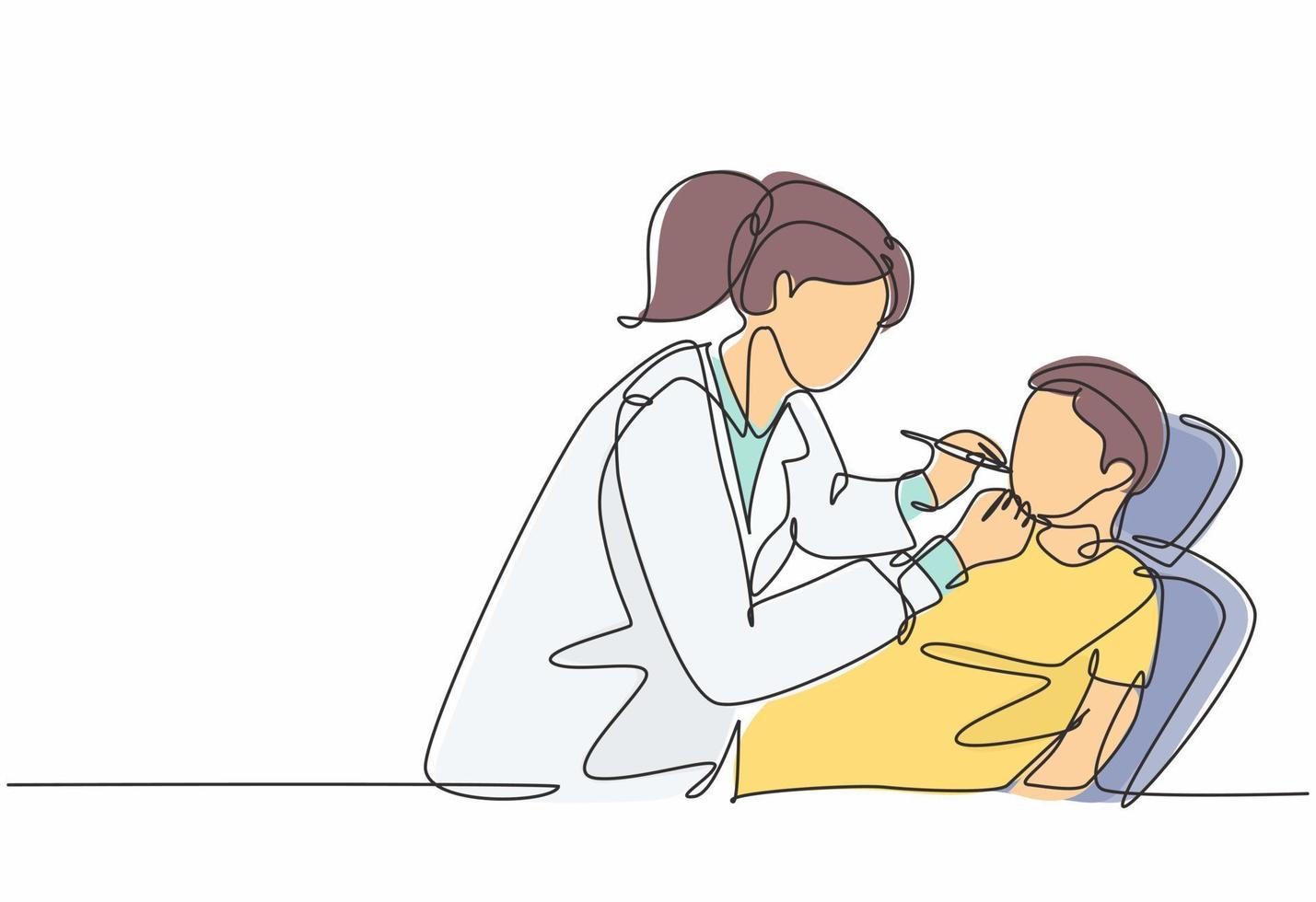 Single continuous line drawing of young happy female dentist examining boy patient condition at dental clinic. Medical health care service workers concept one line draw design vector illustration